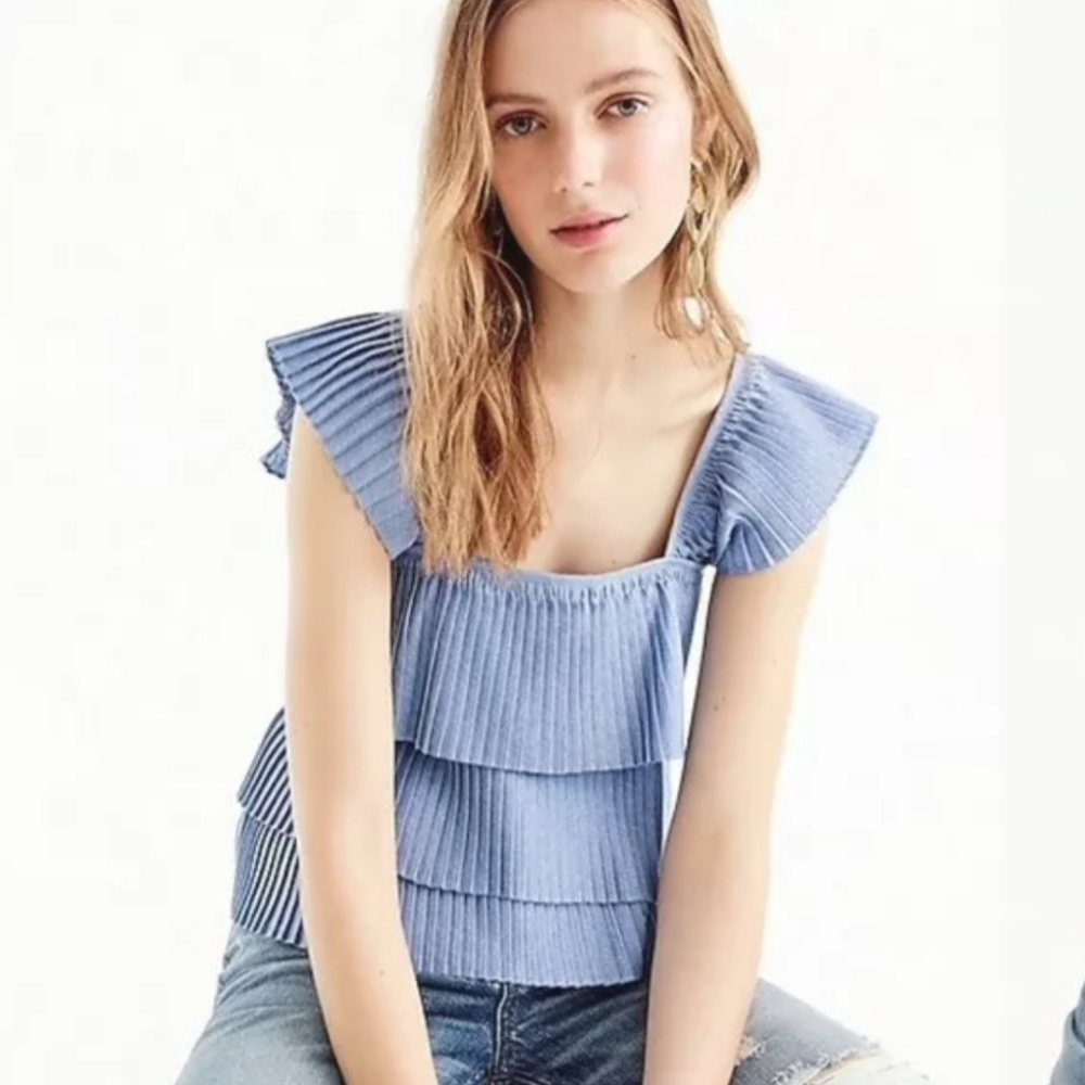 J. Crew Tiered Cropped Pleat Light Blue Top Blouse Size Large
